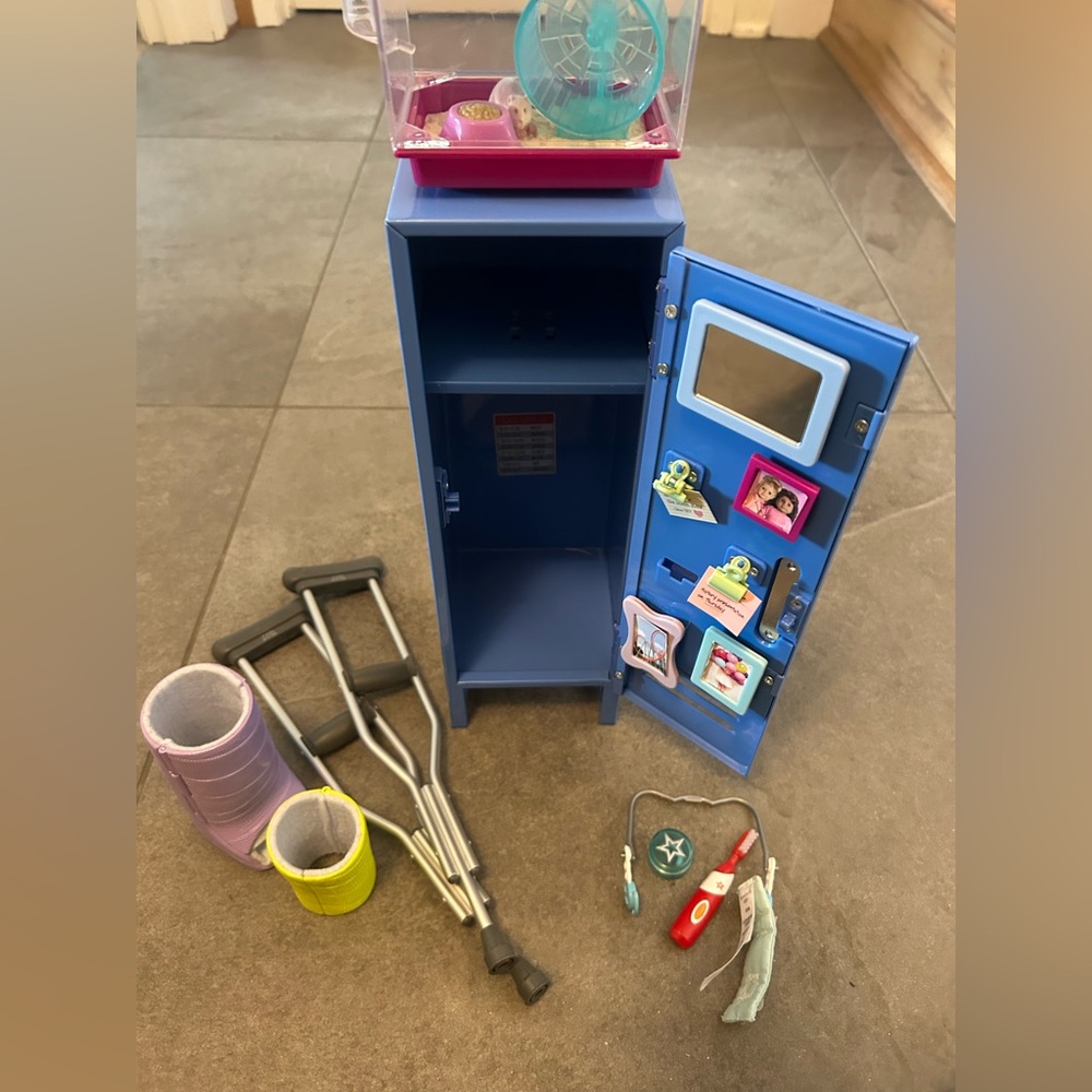 American girl doll locker set with hámster cage, injury set, and dental set